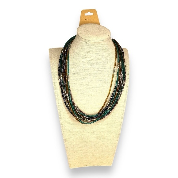 BEADED LAYERED NECKLACE GREEN EARTH TONES SILVER BROWN - Picture 1 of 7